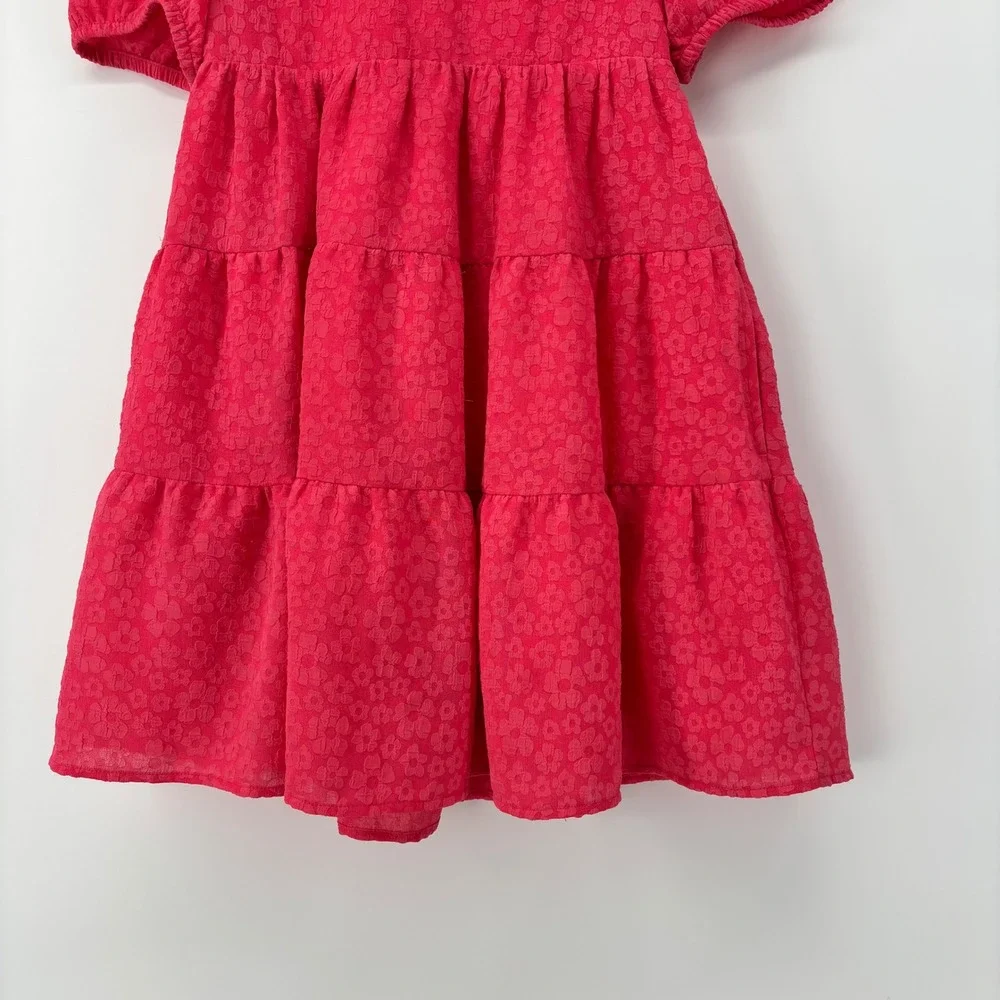Cat & Jack Girls Coral Pink Floral Jacquard Tiered Cutout Back Dress  Sz L 10/12